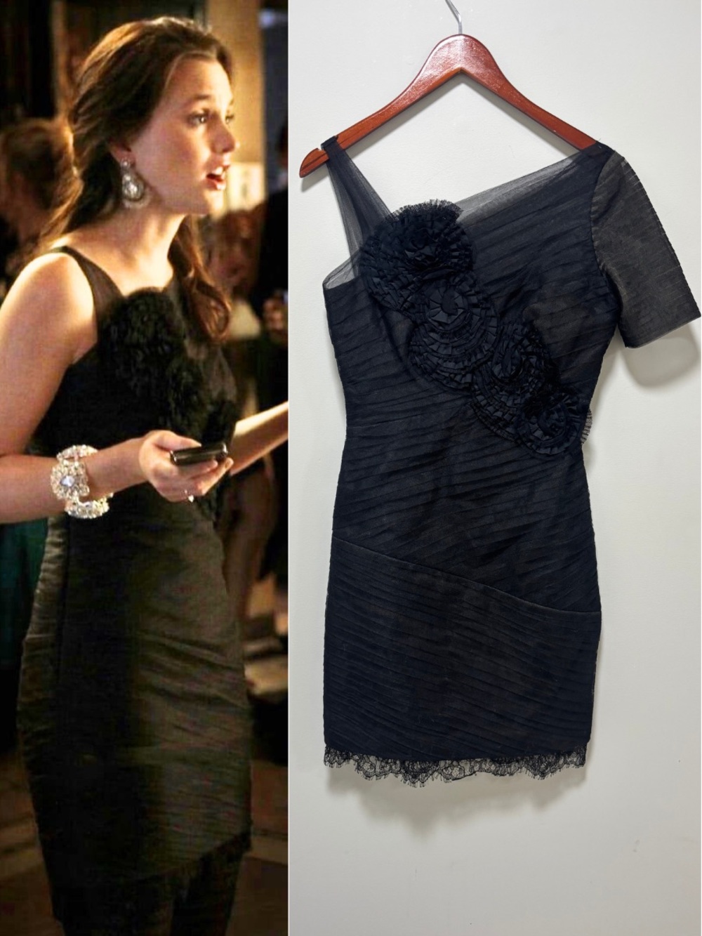 ASO Blair Waldorf in Gossip Girl BCBG Black Rosette Lace Tulle Cocktail Dress
